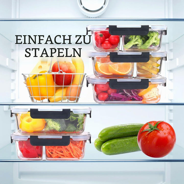 Glasbehälter mit Deckel Meal Prep Boxen Glas 2&amp;3 Fächer (4Stück, 1040ml) Frischhaltedosen mit Deckel