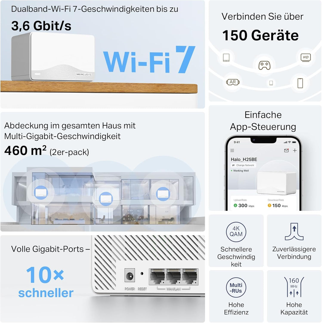 Mercusys Halo H25BE Mesh WLAN Set (2er-Pack), Wi-Fi 7 BE3600 Dualband-Router & Repeater, 3 × Gigabit