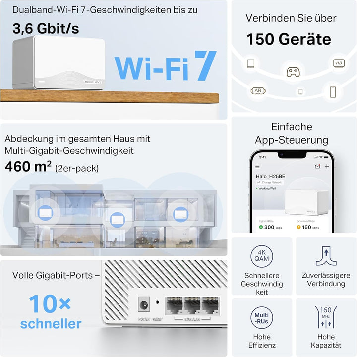 Mercusys Halo H25BE Mesh WLAN Set (2er-Pack), Wi-Fi 7 BE3600 Dualband-Router & Repeater, 3 × Gigabit