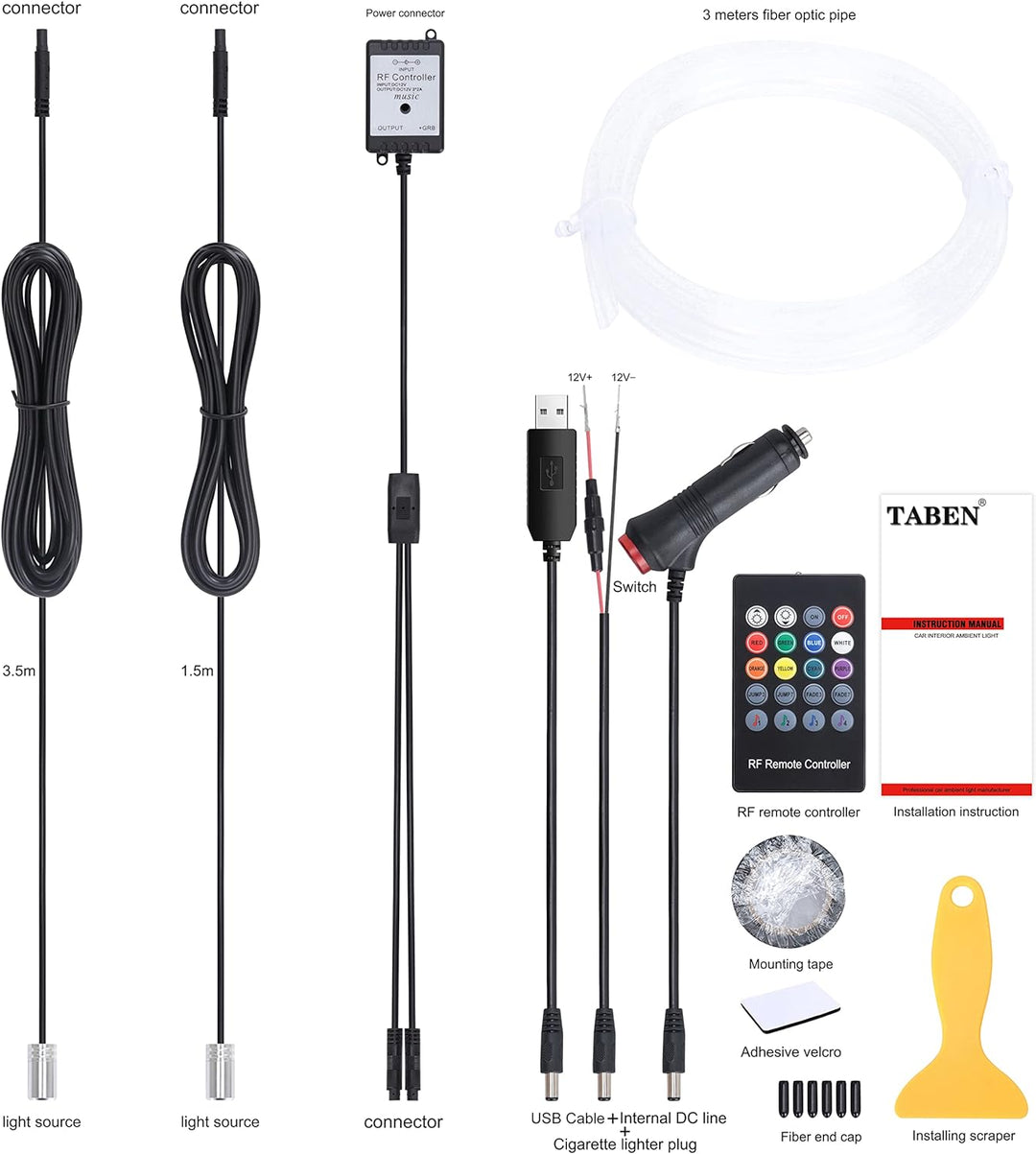 TABEN Auto Atmosphärenlicht Kit Musiksynchronisation Mehrfarbig RGB 16 Millionen Farben 3 Meter Glas