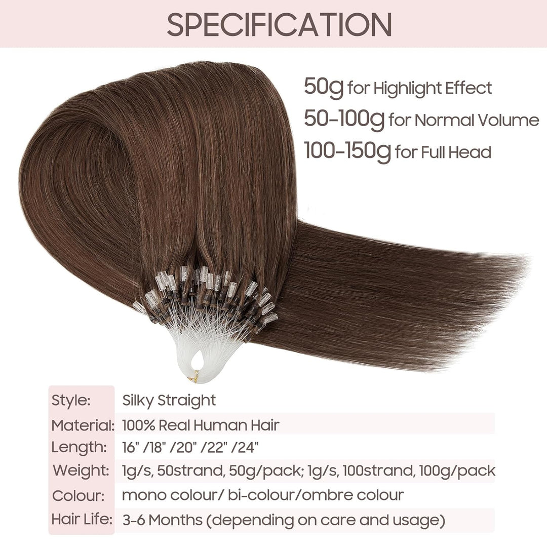 Echthaar Extensions Microring Extensions Echthaar 0,5g/Strähne 100 Strähnen/Packung Weich Haarverlän