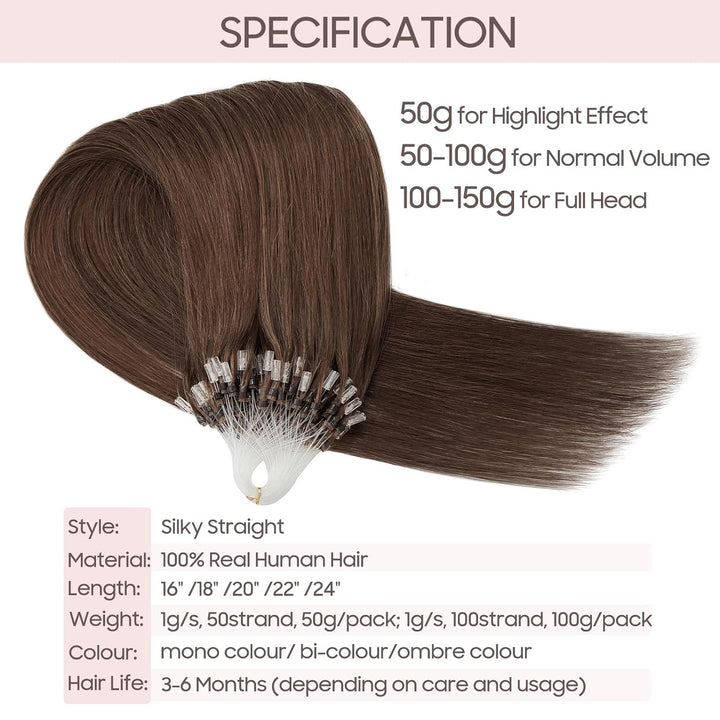 Echthaar Extensions Microring Extensions Echthaar 0,5g/Strähne 100 Strähnen/Packung Weich Haarverlän