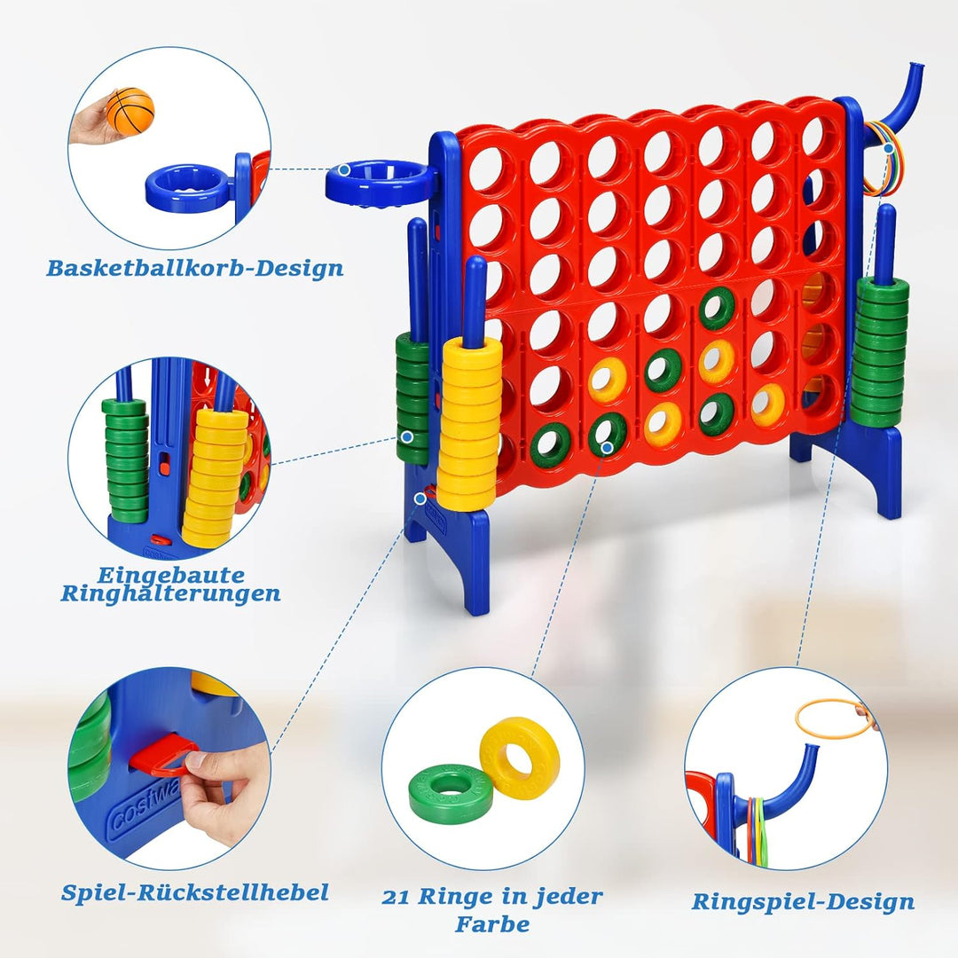 COSTWAY Riesiges 4 Gewinnt Spielset mit Basketballkorb und Wurfspiel, inkl. 42 Jumbo Ringen und Schi