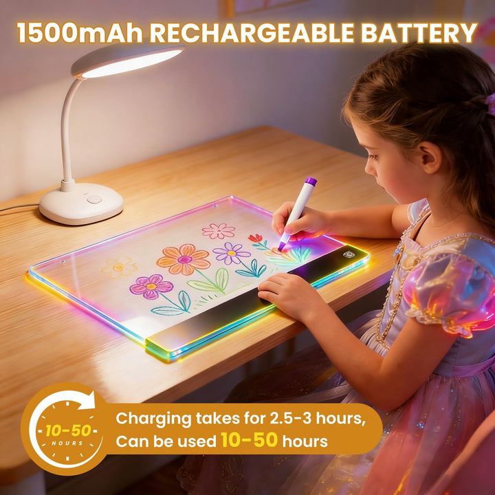 LED-Zeichenbrett für Kinder, 1500mAh wiederaufladbares Notizbrett mit 4-Farben-Lichtmodi & 7 Markern