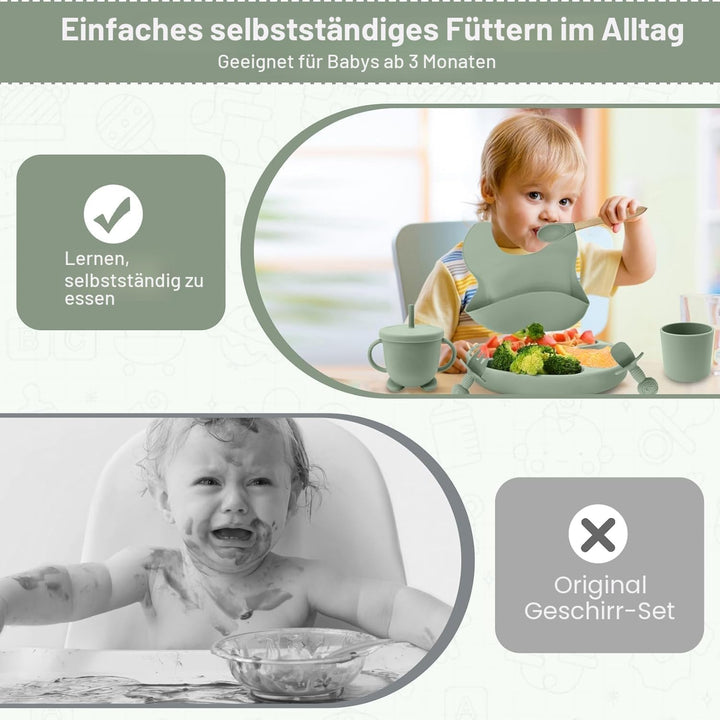 Baby Geschirrset,12er Set Kindergeschirr, Babylöffel,Trinklernbecher,Silikon Lätzchen,Baby Teller Ki