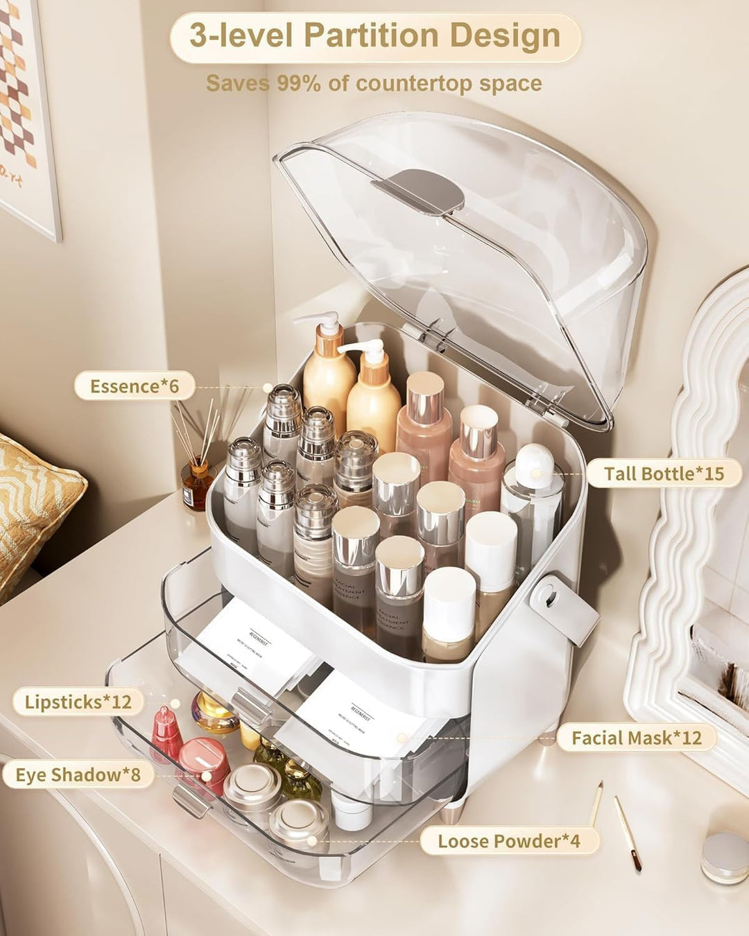 Makeup-Organizer mit Deckel & Schubladen – Kosmetik-Vitrine & Hautpflege-Aufbewahrung mit Staubschut
