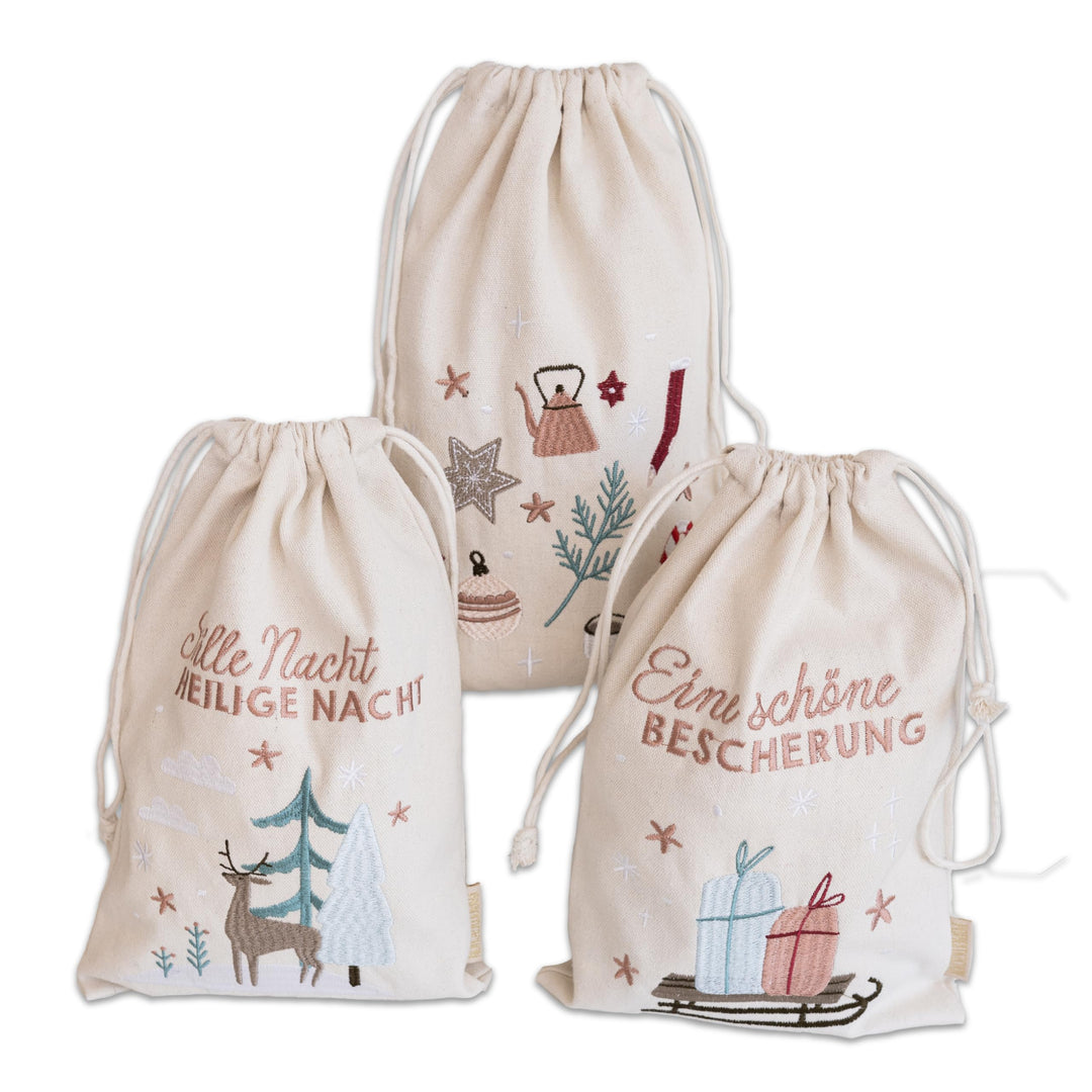 Papierdrachen 3 Geschenksäckchen in beige mit Bestickung in pastell - zum Befüllen und Verschenken -