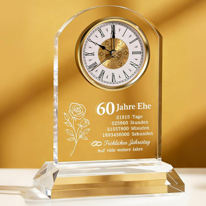 Geschenk Hochzeit Deko, 60. Jahrestag Quarzuhr mit Kristallsockel Diamantene Hochzeit Personalisiert