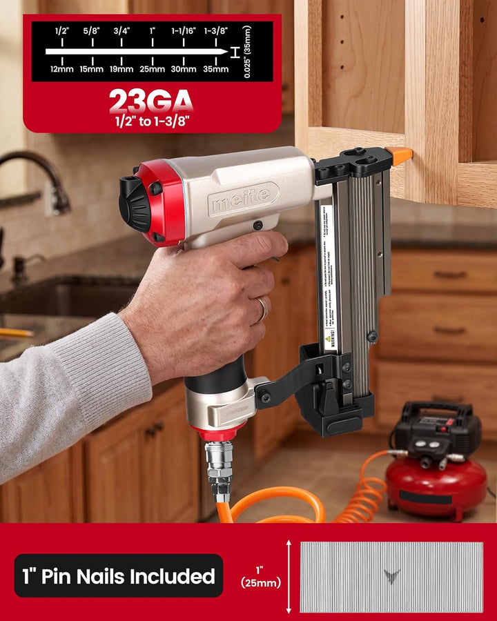 meite MP635B 23-Gauge Stiftnagler mit 10.000 Stück 25 mm Stiftnägel, kompakte pneumatische Pin-Nagle