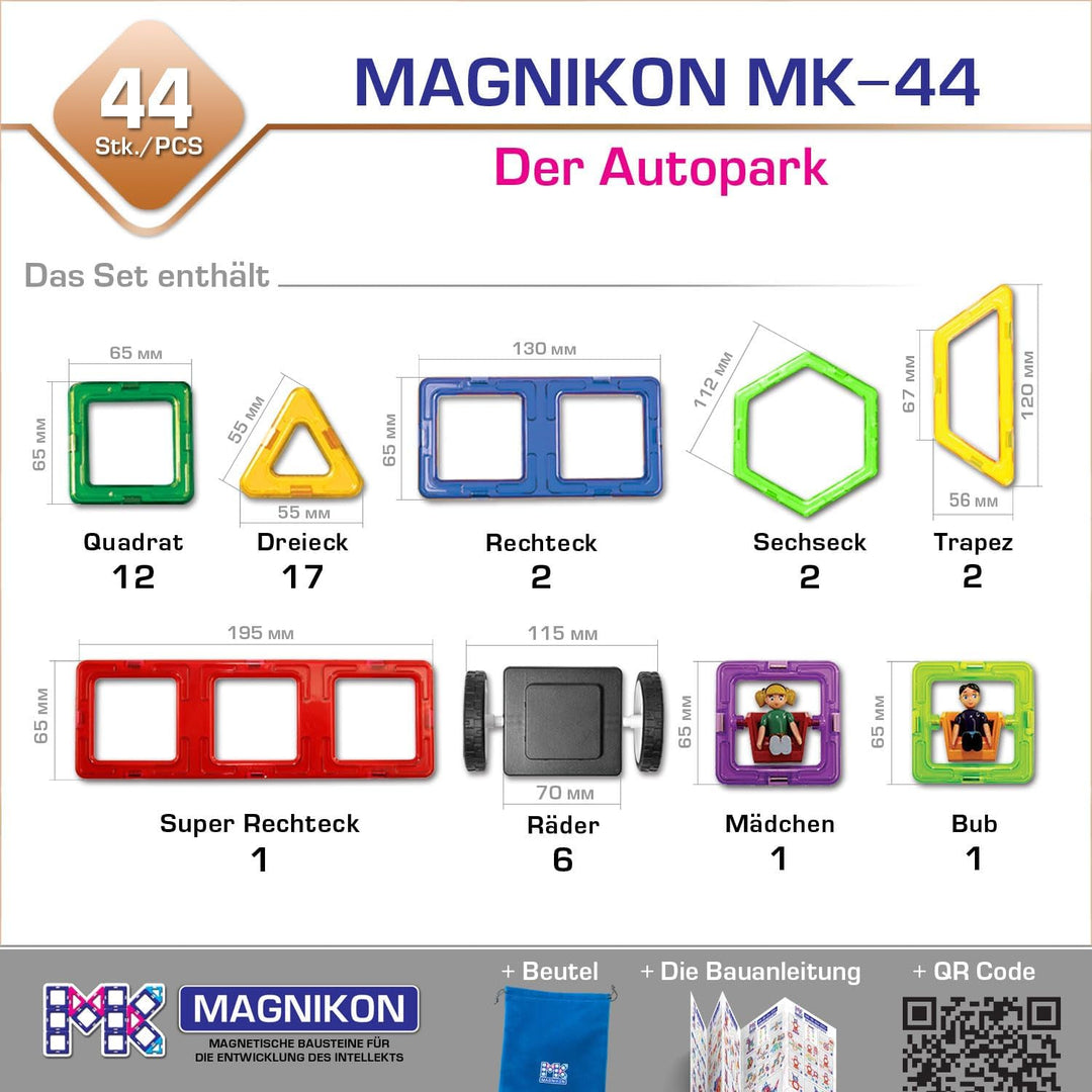 MAGNIKON Magnetische Bausteine “Der Autopark” - Magnetbau-Set 44-teilig, Magnetbausteine, ideal als