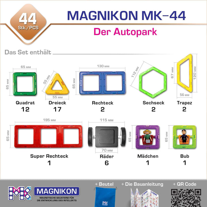 MAGNIKON Magnetische Bausteine “Der Autopark” - Magnetbau-Set 44-teilig, Magnetbausteine, ideal als