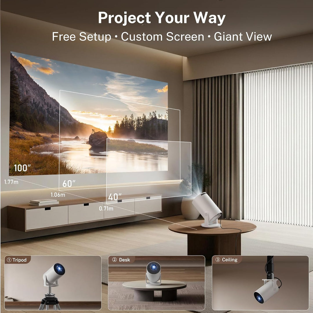 Mini Beamer mit Android TV mit Bluetooth & WiFi 6, Auto Keystone Portable Projektor, 180° Rotation,