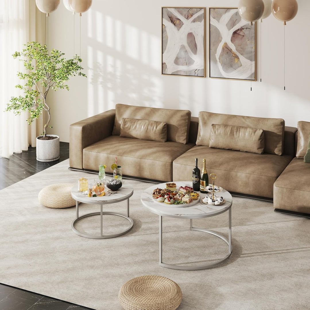 Couchtisch Marmor Optik, Runder Wohnzimmertisch, Weiss Couchtisch Silber, Satztische fürs Wohnzimmer