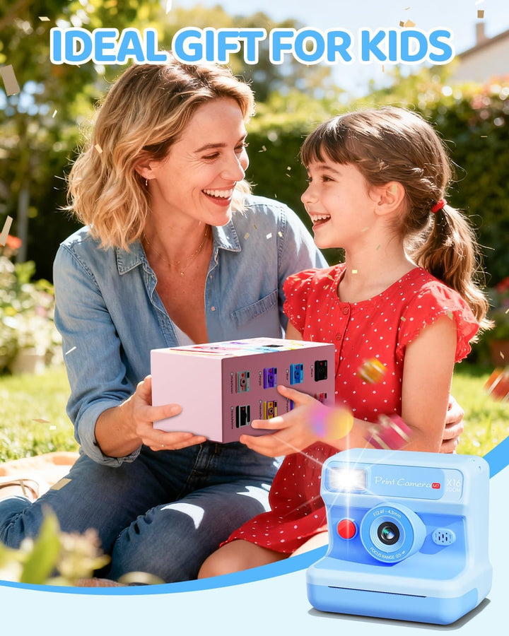CalineGam Kinderkamera Sofortbildkamera, 1080P HD Sofortbildkamera Kinder mit 32 GB Karte und 3 Papi