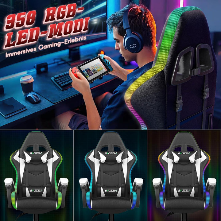 Racingreat LED-Gaming-Stuhl, RGB Gaming Chair mit Farbigen Lichtleisten Kopfstütze Lendenwirbelstütz