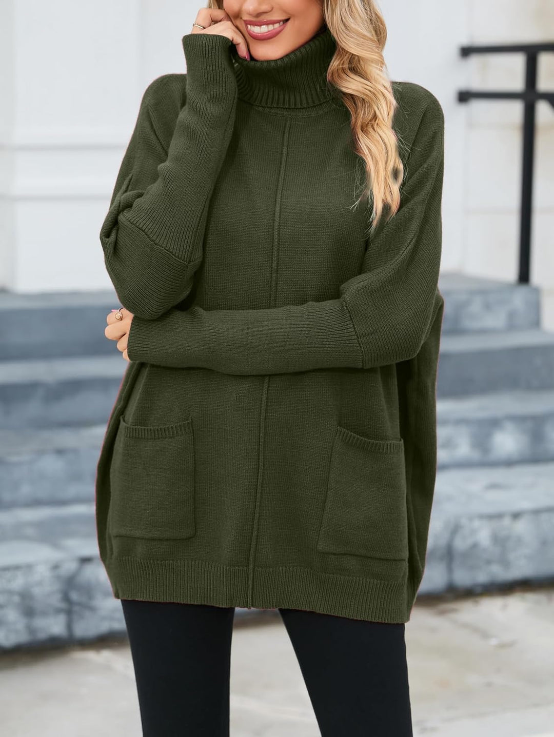 Famulily Basic Dicke Warm Herbst Winter Fledermausärmel Strick Damen Rollkragenpullover Mit Taschen