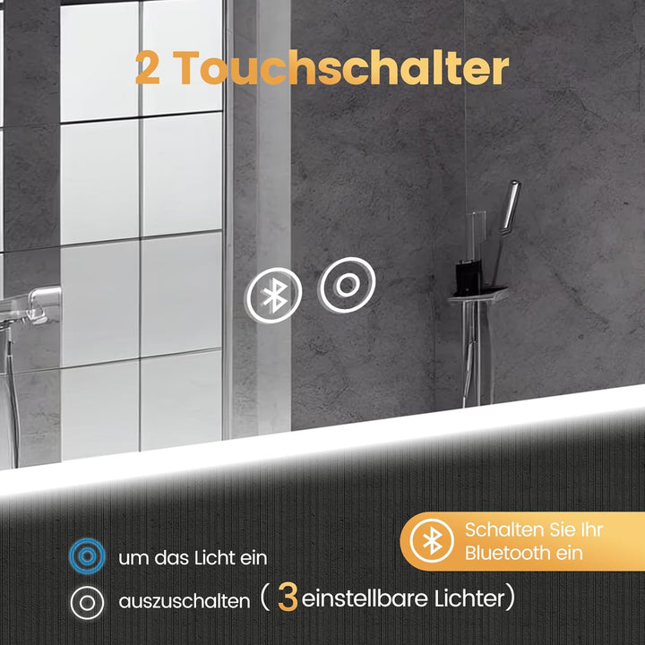YOLEO Badspiegel mit Beleuchtung, LED Spiegel mit Bluetooth-Lautsprecher, Wandspiegel mit Steckdose,