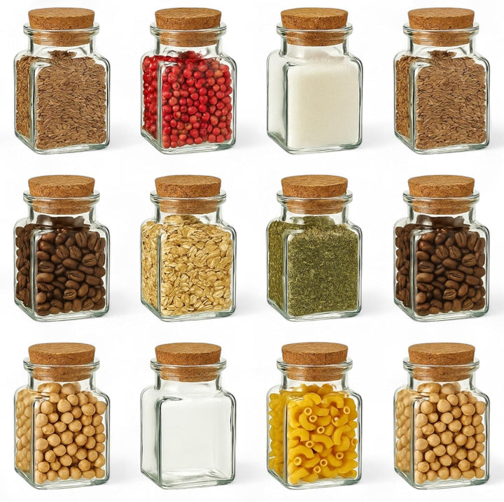 gouveo 12er Set Gewürzgläser 150 ml eckig mit Korken - Kleine Korkengläser mit Korkverschluss - Leer