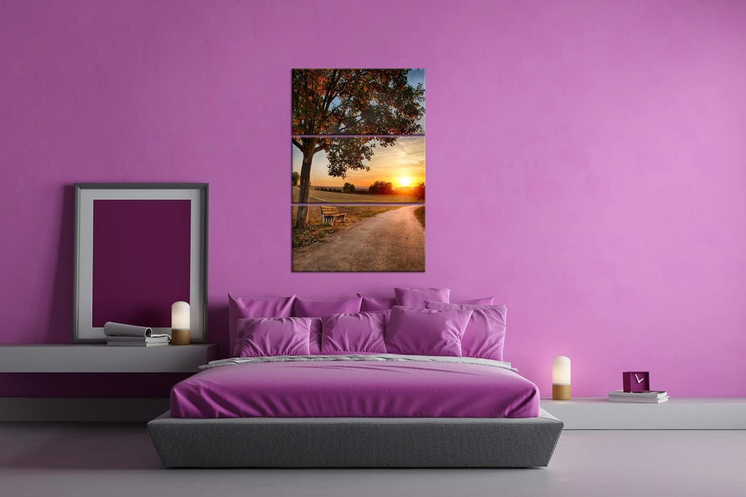 deyoli Spazierweg am Abend Format: 3-teilig 120x80 als Leinwand, Motiv fertig gerahmt auf Echtholzra
