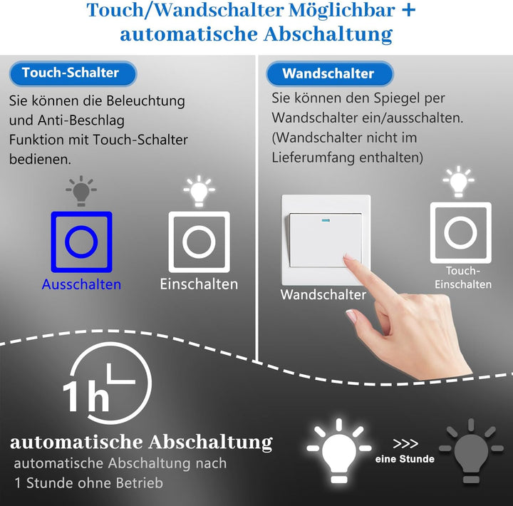 Aica Sanitär Runder Badspiegel mit Beleuchtung 80cm LED Spiegel Rund mit Helligkeit-dimmbar, Memory,