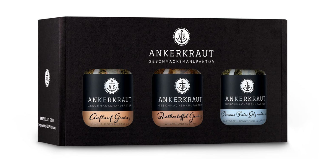 Ankerkraut Heftig-Deftig-Box, mit Auflauf Gewürz, Pommes mediterran, Bratkartoffel Gewürz, im Korken