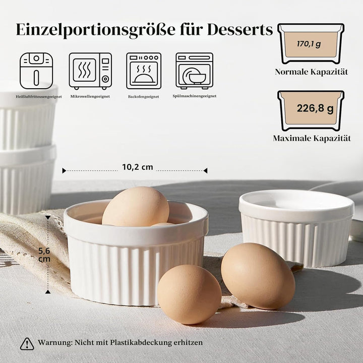 DOWAN Creme Brulee Schälchen Set mit Deckel, 6 X 235 ml Antihaft Souffle Förmchen Backofenfest, Porz