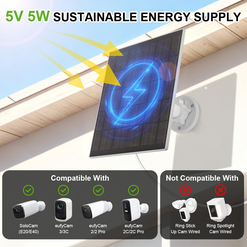 URAQT 2 Pack Solarpanel für Eufy kamera, 5W Kamera Solarpanel Kompatibel mit Eufycam, Solarmodul für