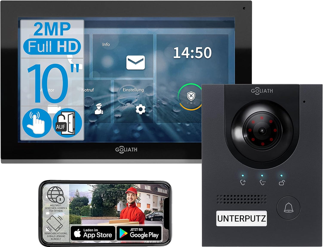 Goliath IP - Unterputz Türklingel mit Türöffner | 180° Full HD Kamera | Smartphone App | Touchscreen