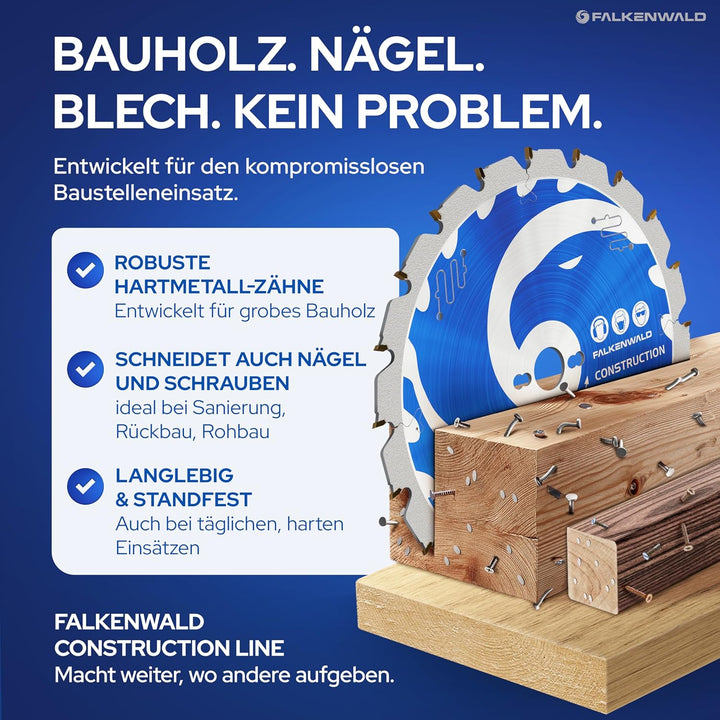 FALKENWALD® Kreissägeblatt 315x30 mm speziell für Bauholz &amp; Holz mit Nägel - kompatibel mit Gehrungs