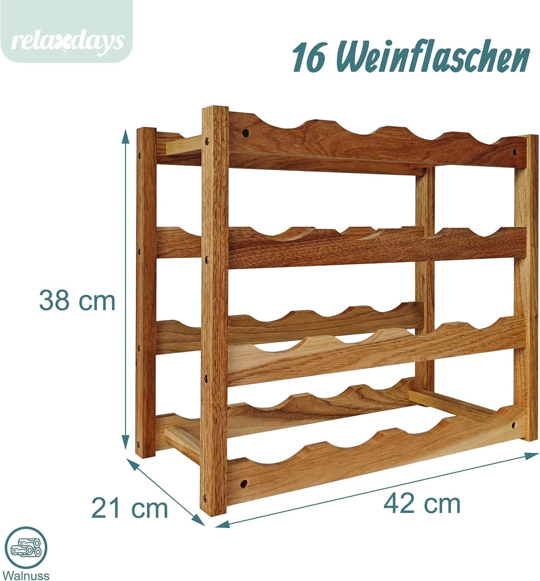 Relaxdays Weinregal, 16 Flaschen, Walnussholz, HBT: 38 x 42 x 21cm, Weinhalter für Rot- &amp; Weisswein,