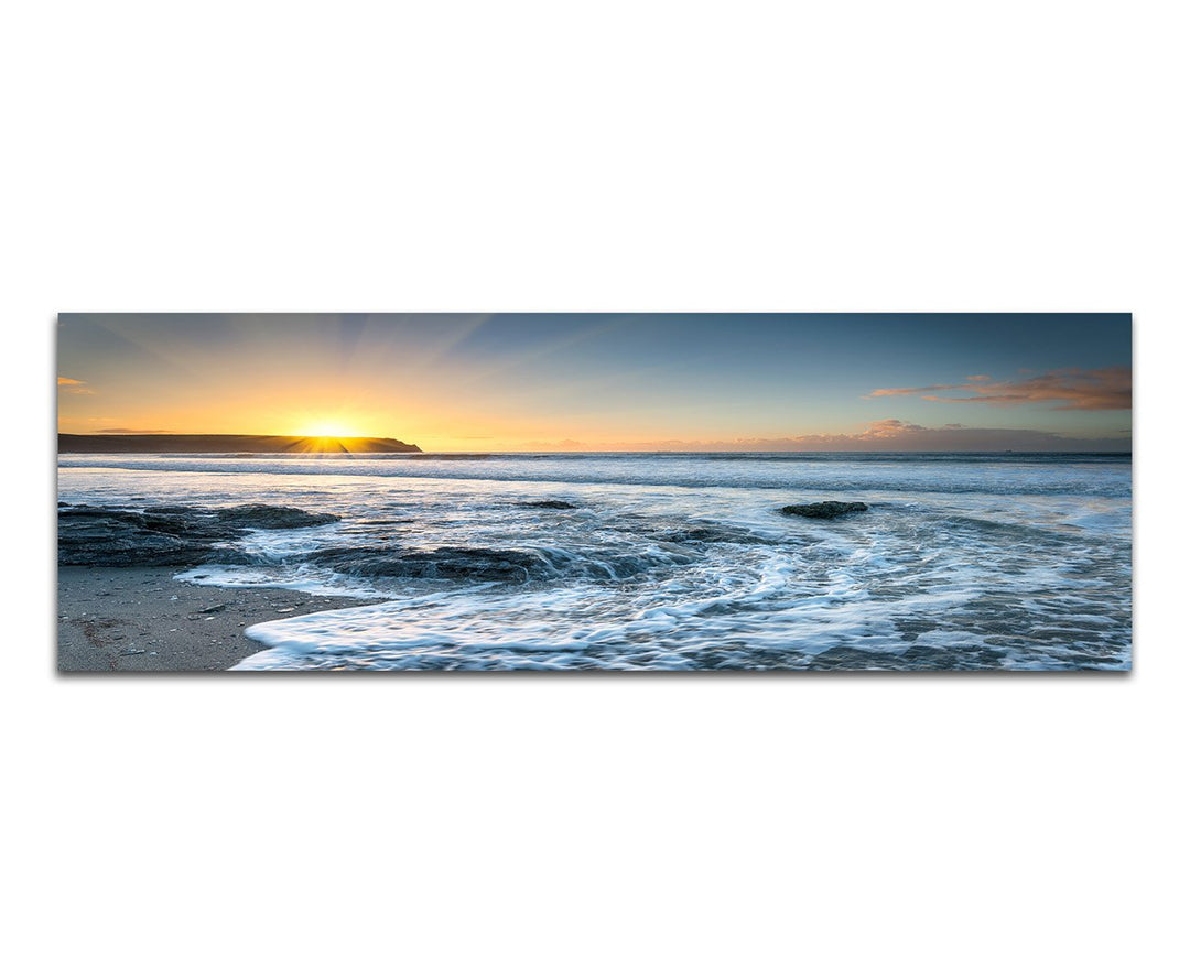 Paul Sinus Art Panoramabild auf Leinwand und Keilrahmen 150x50cm Cornwall Strand Meer Sonnenuntergan