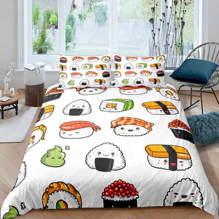 Loussiesd Sushi Muster Bettbezug Set Japanischer Stil Bettwäsche Set 135x200cm für Kinder Jungen Mäd