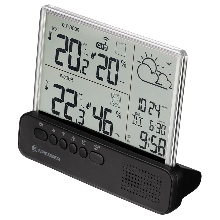 Bresser Funkwetterstation mit Aussensensor transparentem Display Temperatur Luftfeuchtigkeit Wecker