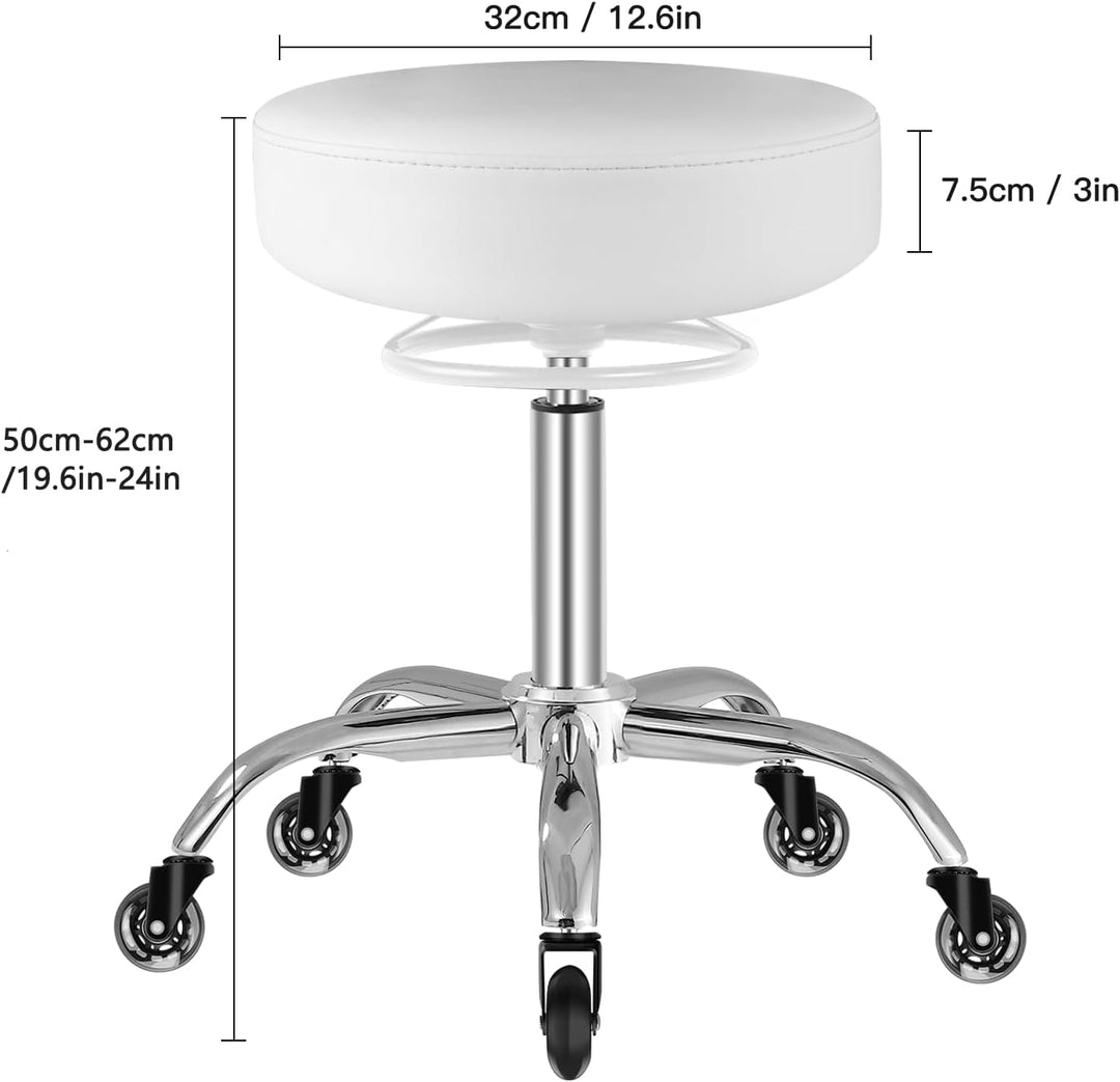 Rollhocker Höhenverstellbar 180 kg Belastbarkeit (Weiss) | 50-62 cm höhenverstellbar, PU-Leder, 360°