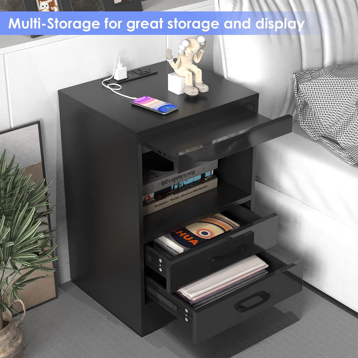 Lvhecforhm Nachttisch Schwarz mit LED-Beleuchtung, Nachttisch mit 2 AC-Steckdosen, 2 USB-Anschlüsse,