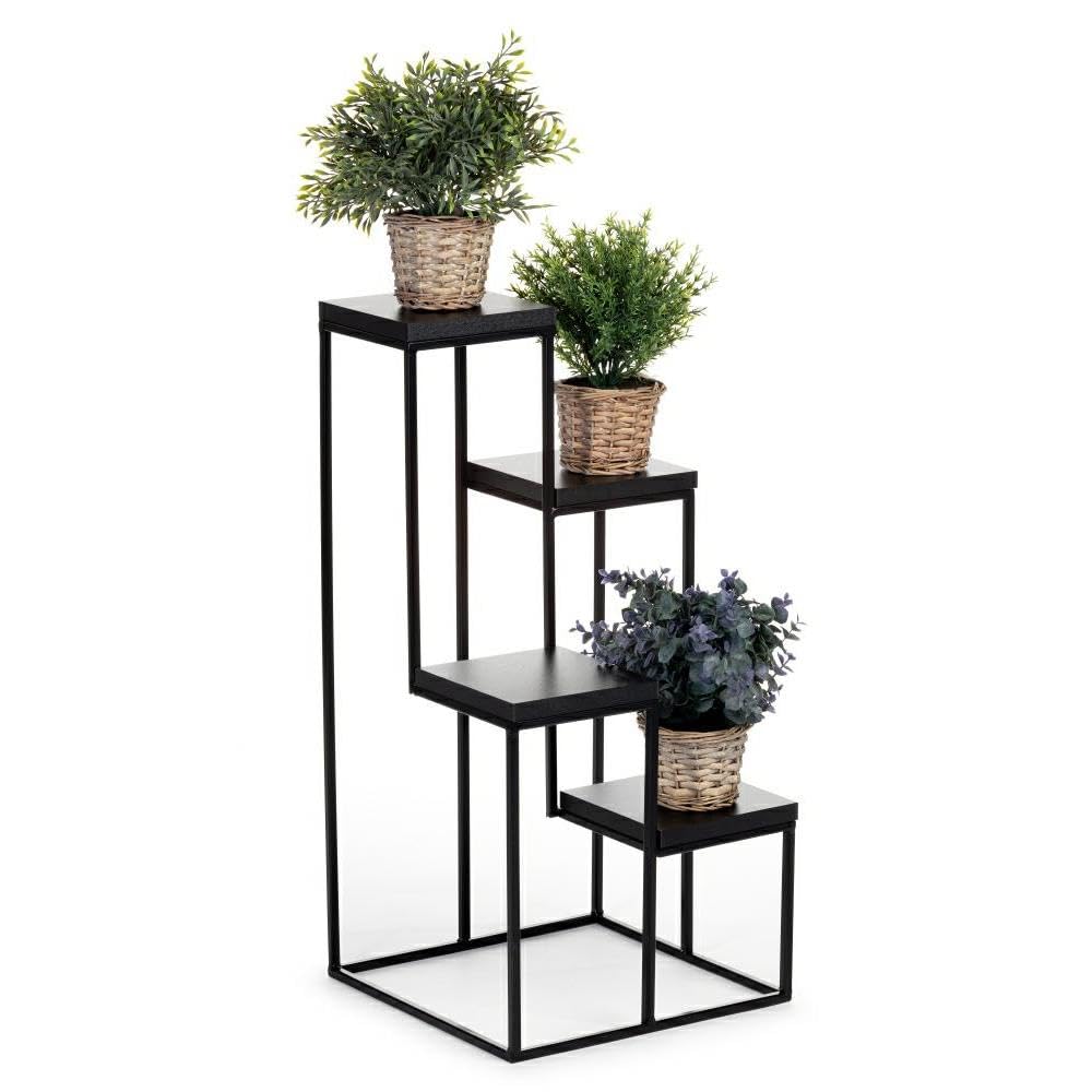 4 Etagen Blumentreppe - Metall Pflanzentreppe 70 cm Hoch - Blumenregal mit MDF-Platten in Schwarz fü