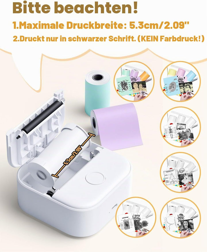 Phomemo Aufkleber Drucker, T02 Mini Thermodrucker für Smartphone, Tragbarer Fotodrucker mit 3 Rollen