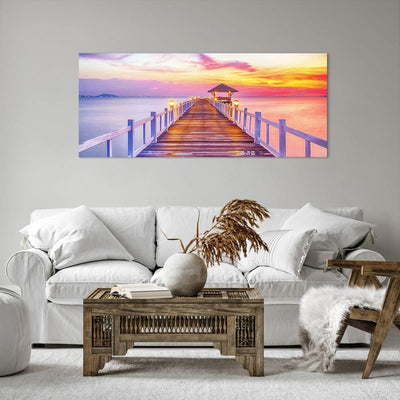 Wandbilder Dekoration Wohnzimmer Sonnenuntergang Wasser Brücke Horizont Bilder auf Leinwand 120x50cm