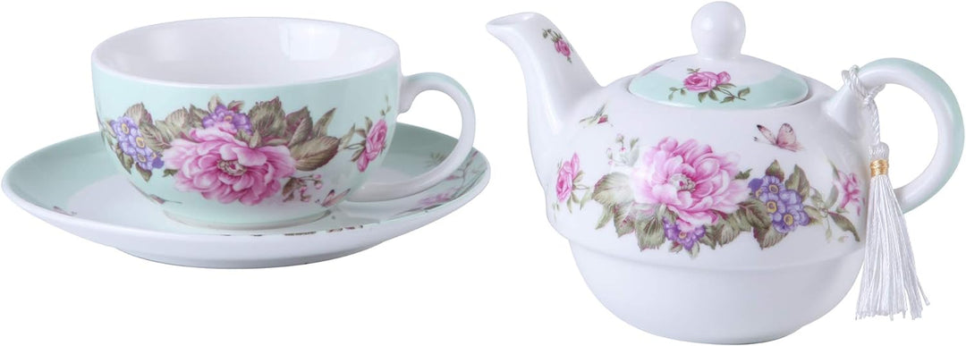 London Boutique Tea for one Teekanne Tasse Suacer Set Shaby Chic Flora Vogel Rose Schmetterling Porz