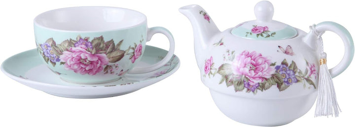 London Boutique Tea for one Teekanne Tasse Suacer Set Shaby Chic Flora Vogel Rose Schmetterling Porz