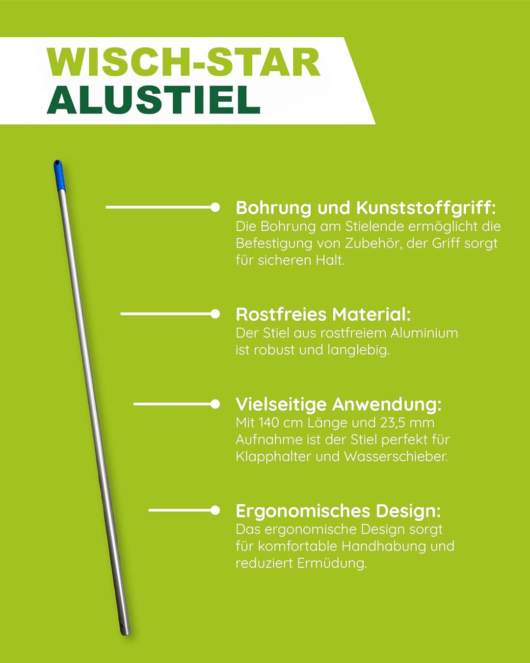 Wisch-Star Moppstiel Bodenwischer, Alustiel für Klapphalter 140 cm, Stil aus Aluminium für alle gäng