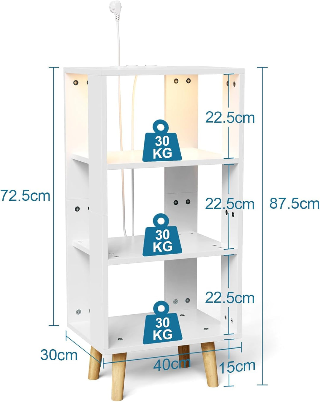 Nachttisch mit LED-Leuchten und Ladestation, Beistelltisch mit 3 Offenes Regalen, Nachtschrank mit U