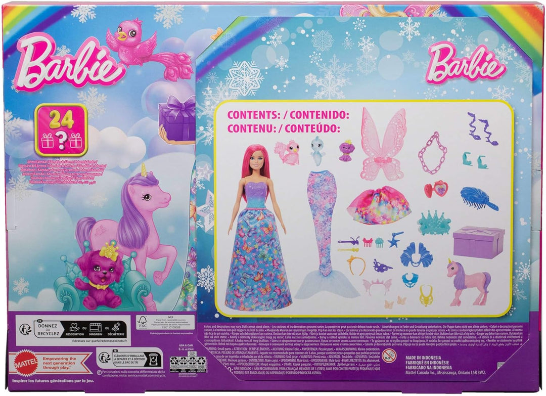 Barbie-Adventskalender mit Puppe und 24 Überraschungs-Accessoires mit Einhorn und 3 Tieren, die Mode