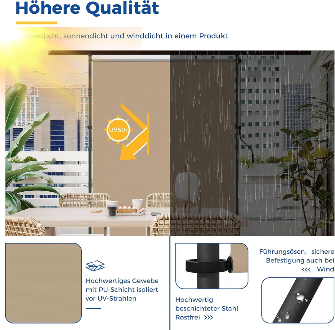 HOMEDEMO Senkrechtmarkise Aussen, Vertikalmarkise ohne Bohren, Balkonrollo mit Handkurbel, Sichtschu