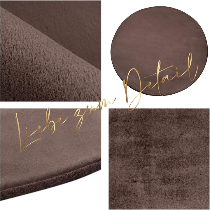 payé Teppich Wohnzimmer Hochflor Braun - 120x120cm - Rund Super Soft Kuschelweich Flauschig Modern E