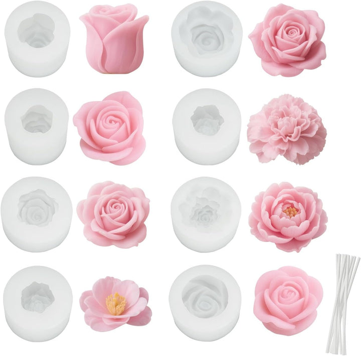LAGAHS 8pcs Silikonformen Giessen Formen mit 10pcs Candlewick, Blumen Kerzen Silikonformen 3D Giesse