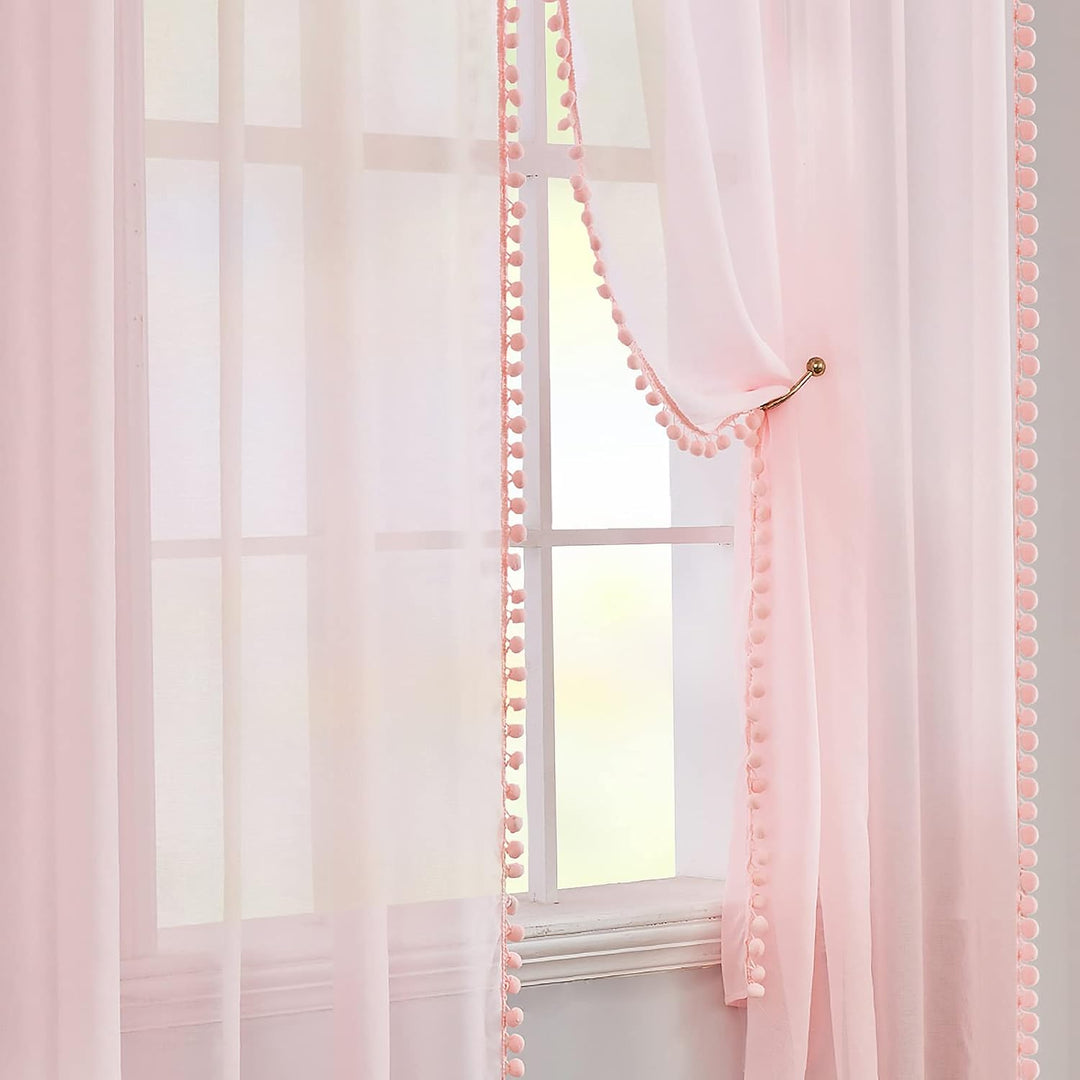 MIULEE Gardinen mit Pompons-Hübsche Korallenrosa Transparent Gardinen für Kinderzimmer Mädchen, 2 St