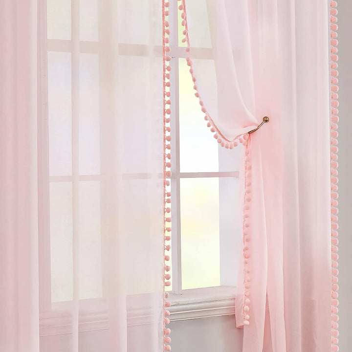 MIULEE Gardinen mit Pompons-Hübsche Korallenrosa Transparent Gardinen für Kinderzimmer Mädchen, 2 St