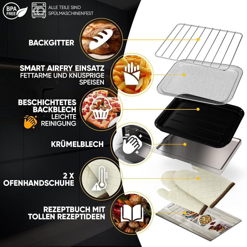 Stillstern Minibackofen (10L) Deutsche Version mit Airfryer-Einsatz, Backblech, Ofenhandschuhe, Reze