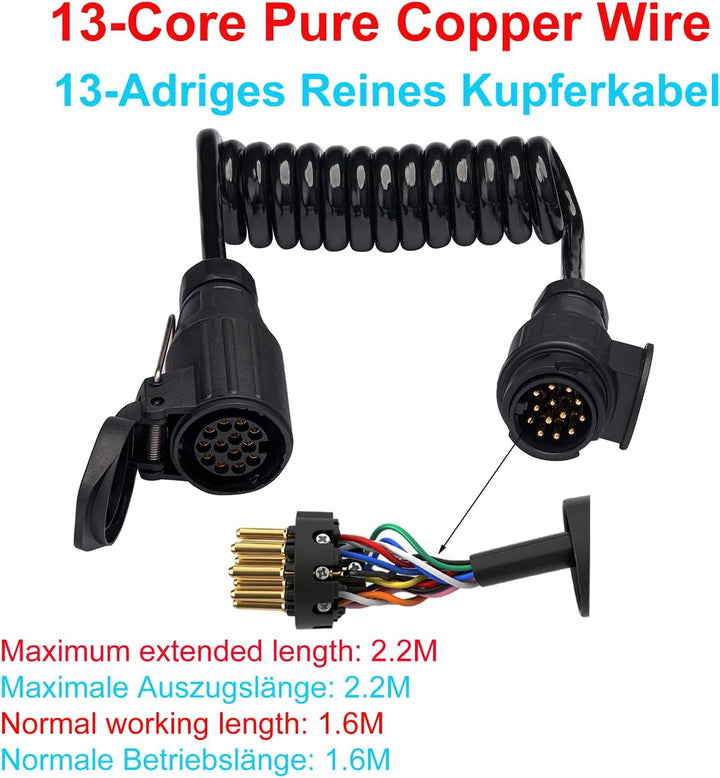 BEIJISTAR 1.6M 13-Adriges Anhänger Verlängerungskabel mit Anhängerstecker Steckdose 13 polig, 12V 1.